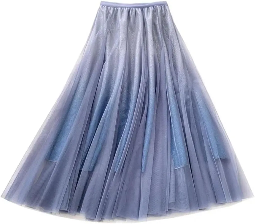 Women's Gradient Mesh Skirt Stretch High Waist Tulle A-Line Business Casual Midi Skirts