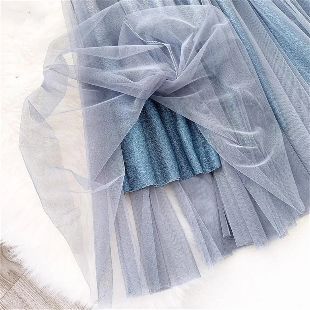 Women's Gradient Mesh Skirt Stretch High Waist Tulle A-Line Business Casual Midi Skirts